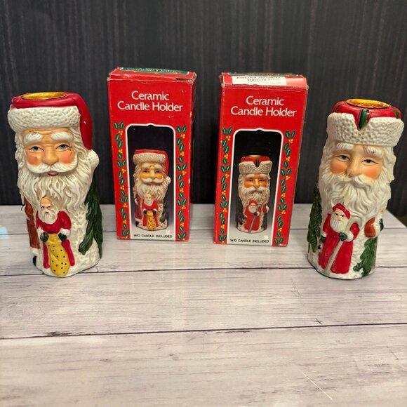 Santa Claus Old World Ceramic Set of 2 Candle Holders with Box (SKU 97MI) - Picture 1 of 8